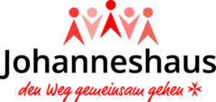 Logo des Johanneshaus. Über dem Schriftzug sind drei stilisierte rote Figuren dargestellt, darunter steht ‚Zentrum für Betreuung und Pflege‘ in roter Schrift.